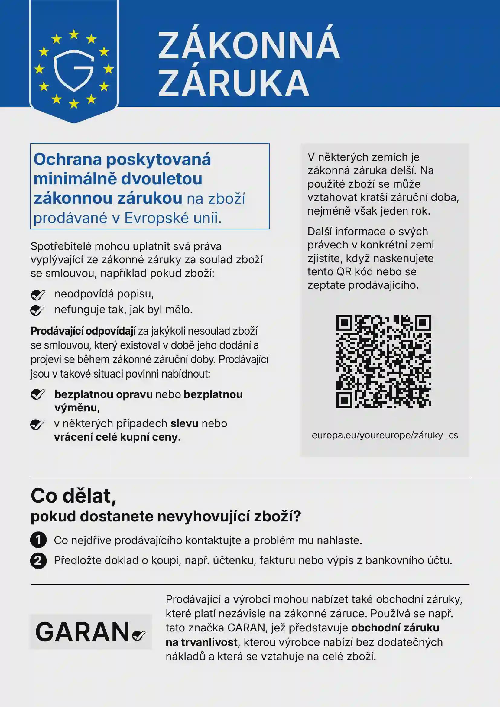 Oznámení o právní záruce EU a štítek GARAN